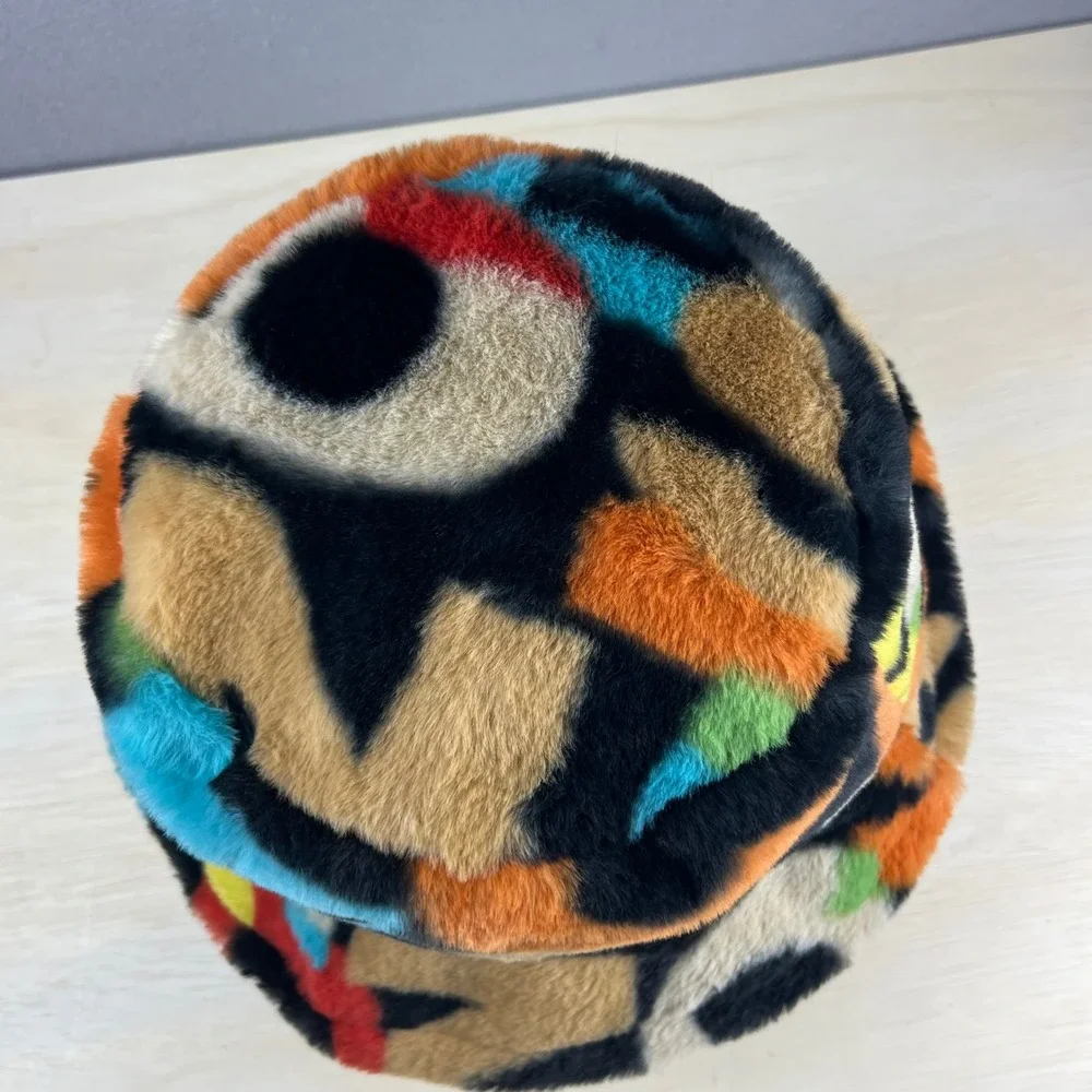 Multicolor Faux Fur Bucket Hat Abstract Pattern Streetwear Plush Winter Cap